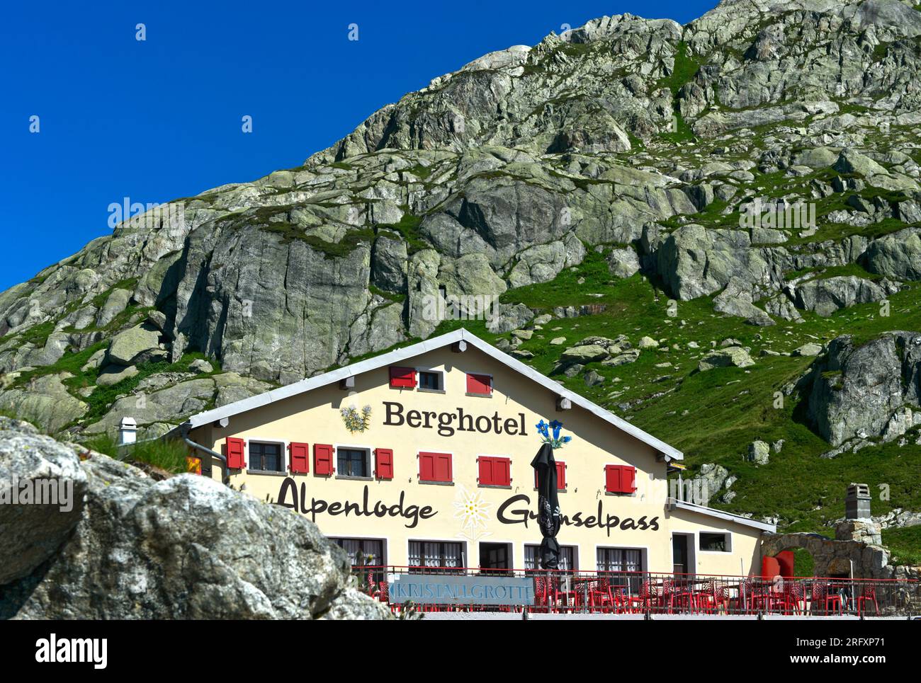 Berghütte und Hotel Grimselpass, Oberwald, Wallis, Schweiz Stockfoto