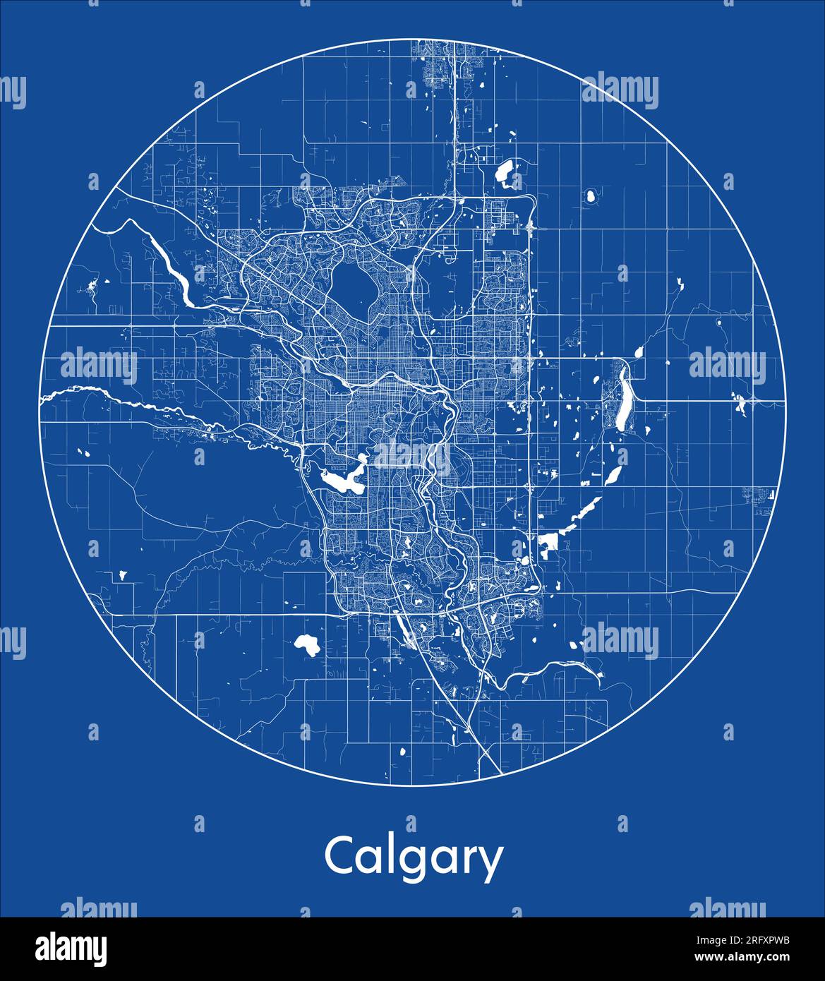 Stadtplan Calgary Kanada Nordamerika Blau aufgedruckt Kreisvektordarstellung Stock Vektor