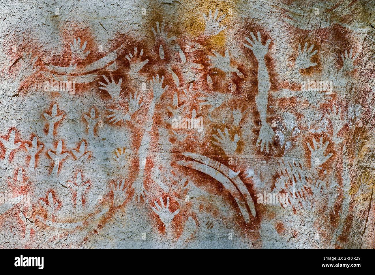 3500 Jahre alte Gemälde der Aborigines im Carnarvon National Park „The Gallery“, Queenslandf, Australien. Stockfoto
