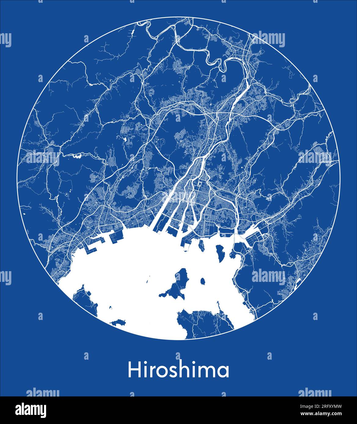 Stadtplan Hiroshima Japan Asien Blauer Druck runder Vektorvektor Stock Vektor