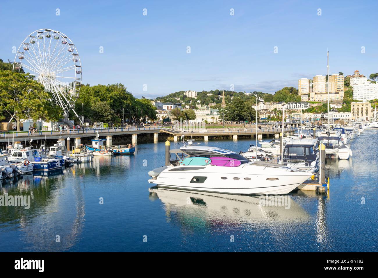 Torquay Devon Torbay Luxusyachten und -Boote liegen in Torquay Marina mit dem Torquay Wheel Torquay Devon English Riviera England GB Europa vor Stockfoto