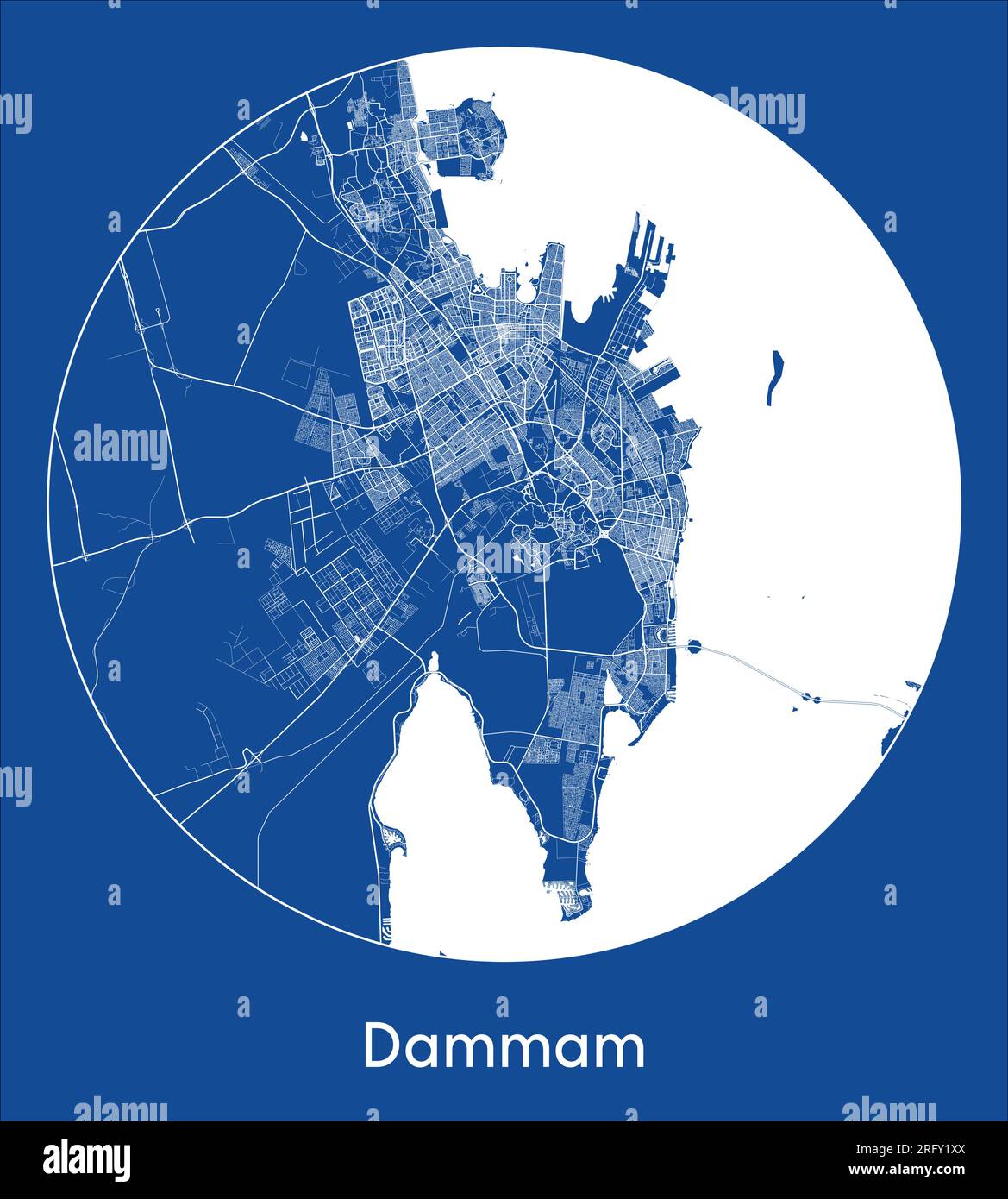 Stadtplan Dammam Saudi-Arabien Asien Blau runder Kreisvektor Illustration Stock Vektor