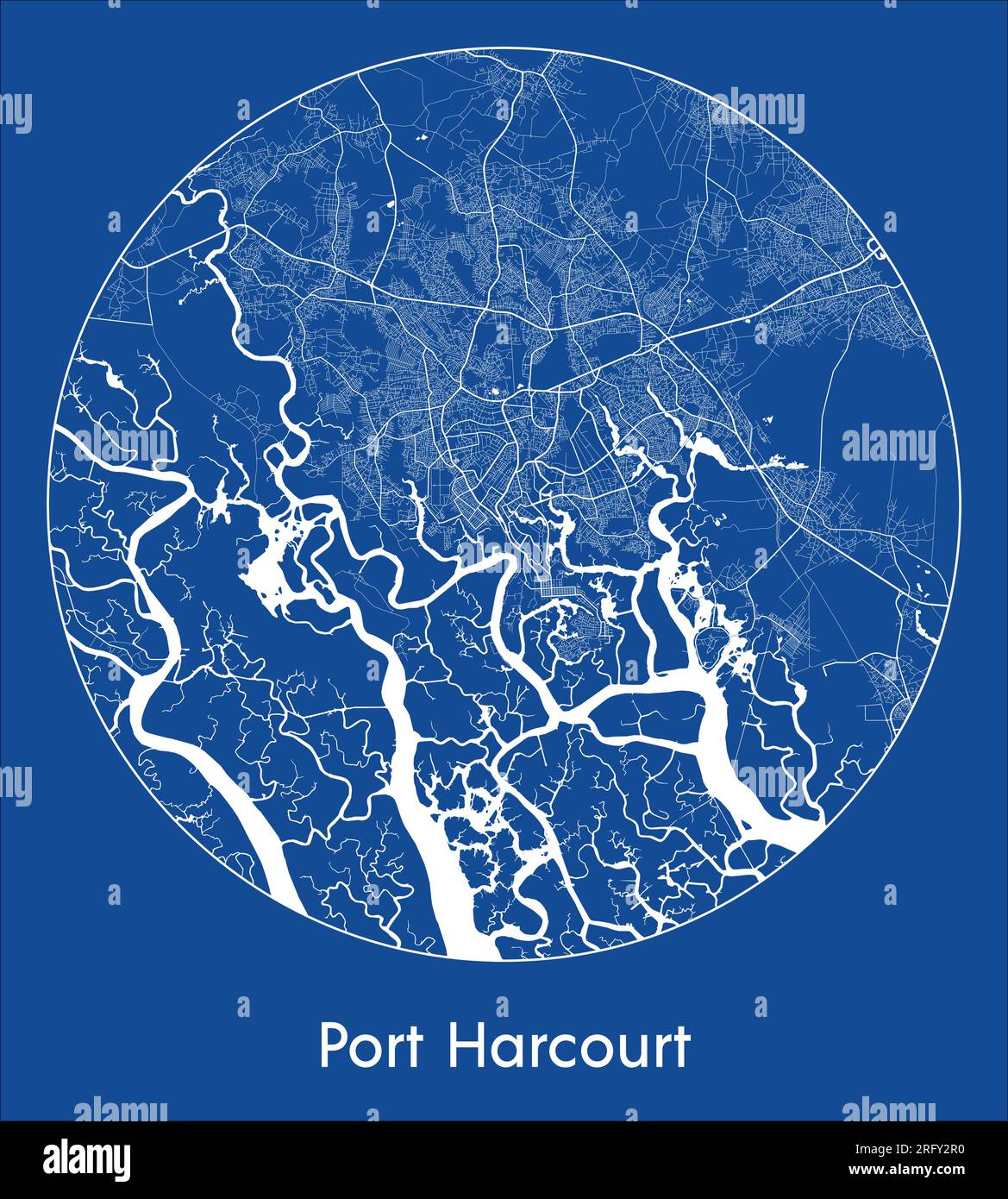 Stadtplan Port Harcourt Nigeria Afrika Blau-Druck runder Vektorvektor Stock Vektor