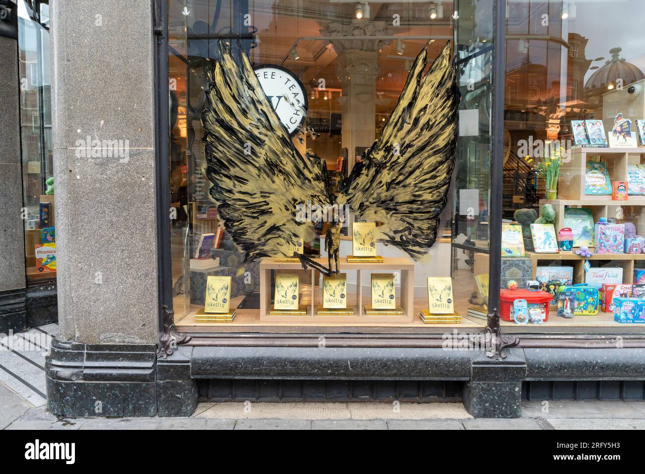 Kunstwerke, die in einem Buchladen in Newcastle Upon Tyne, Großbritannien, auf die Schaufensterauslage gemalt wurden, um für das Buch Skellig von David Almond zu werben Stockfoto