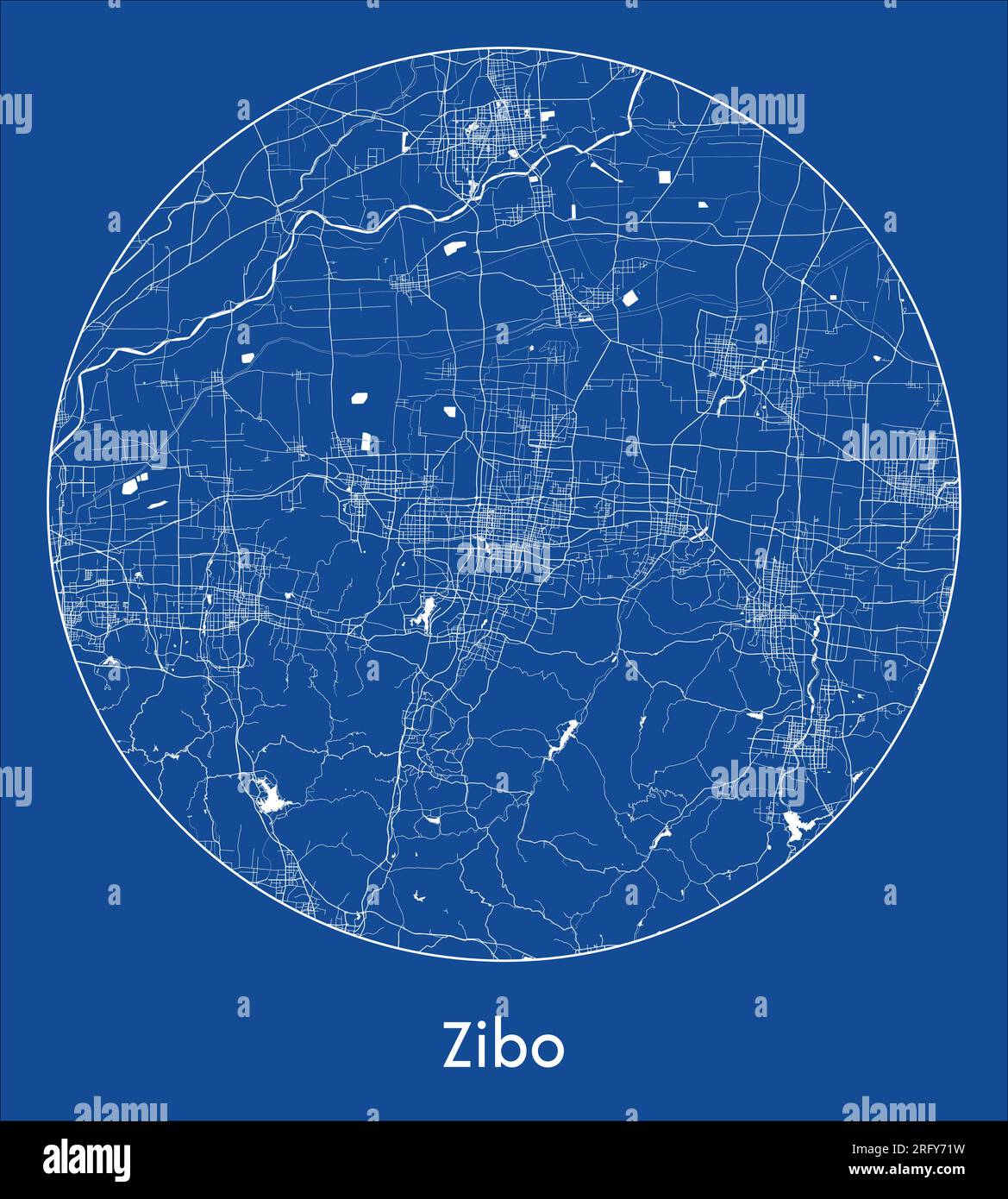 Stadtplan Zibo China Blauer Druck runder Kreisvektor Illustration Stock Vektor