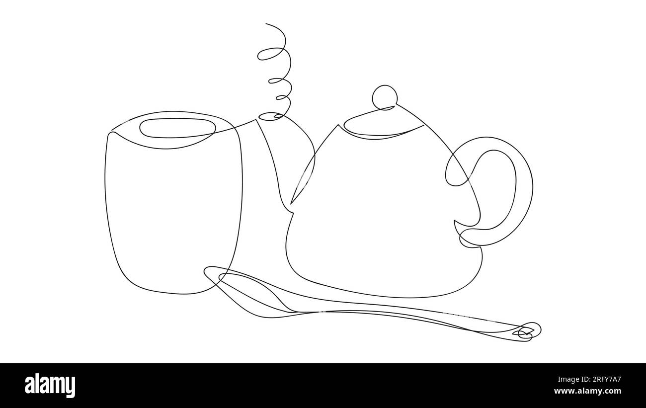 Japanisches Teetrinken-Set, Teekanne, Tasse, Löffel, einzeiliges Zeichnen auf weißem Hintergrund. Vektordarstellung. Teeladen, Teezeremonie. Teehaus. Logo, Symbol. Visitenkarte, Design Stock Vektor
