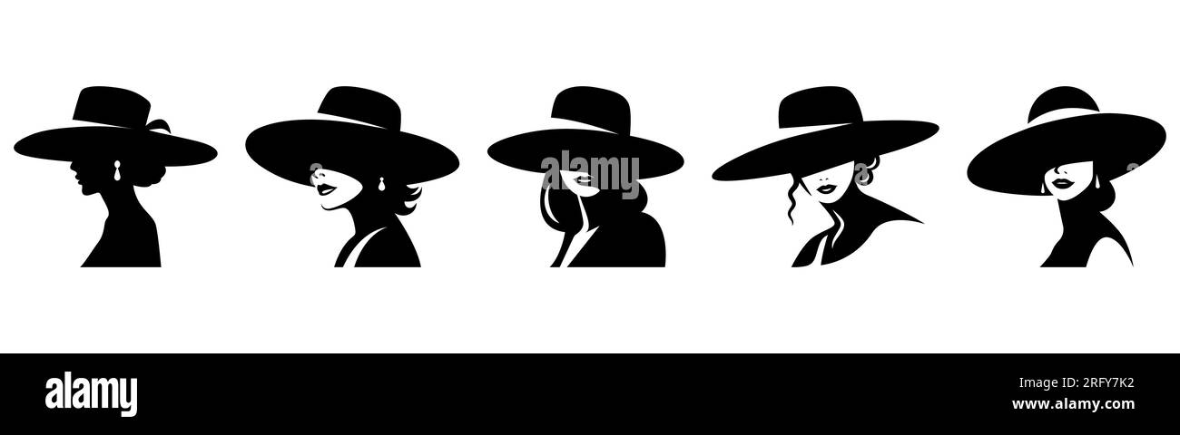 Vector Silhouette Porträt einer Frau mit Hut. Schwarz-Weiß-Illustration eines wunderschönen Mädchens, Vintage Cutout-Stil, Designvorlage für Logo Stock Vektor