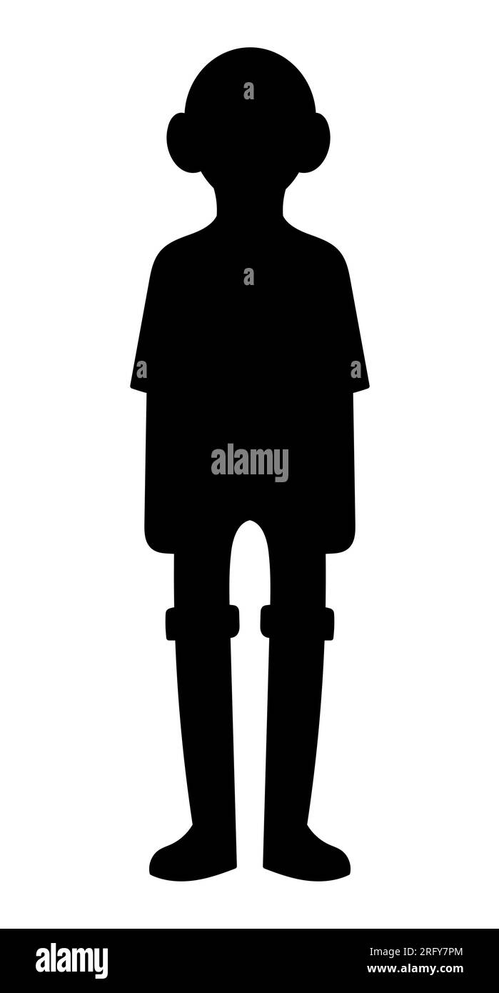 Schwarze Silhouette eines gerade stehenden Kindes, Ganzkörperporträt der Figur eines jungen Jungen, Vektor isoliert auf weißem Hintergrund Stock Vektor