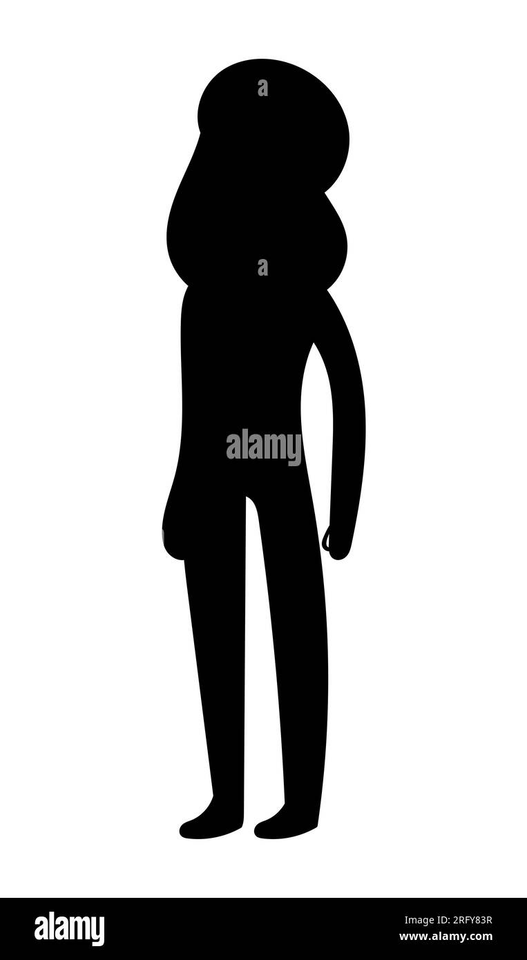 Schwarze Silhouette einer gerade stehenden Frau, Ganzkörperporträt der weiblichen Figur, Vektor isoliert auf weißem Hintergrund Stock Vektor