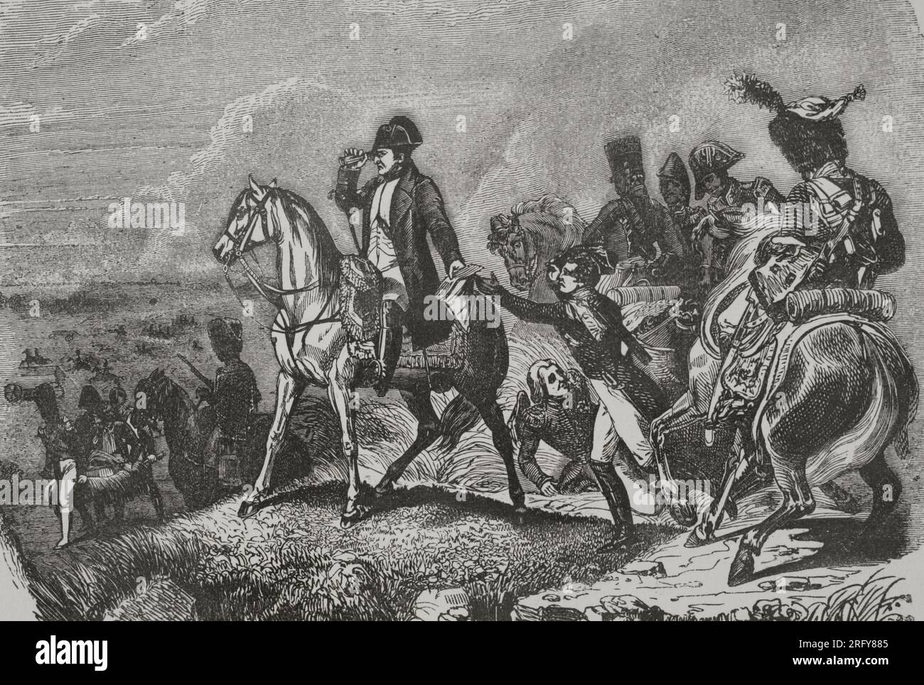 Krieg der Fünften Koalition (April-Oktober 1809) der Napoleonischen Kriege. Battle of Wagram (5-6. Juli 1809). Napoleons Armee hat die österreichischen Truppen von Erzherzog Karl angegriffen und zurückgedrängt. Gravur von A. Sandoz und H. Vernet. "Los Héroes y las Grandezas de la Tierra". Band V. 1855. Stockfoto