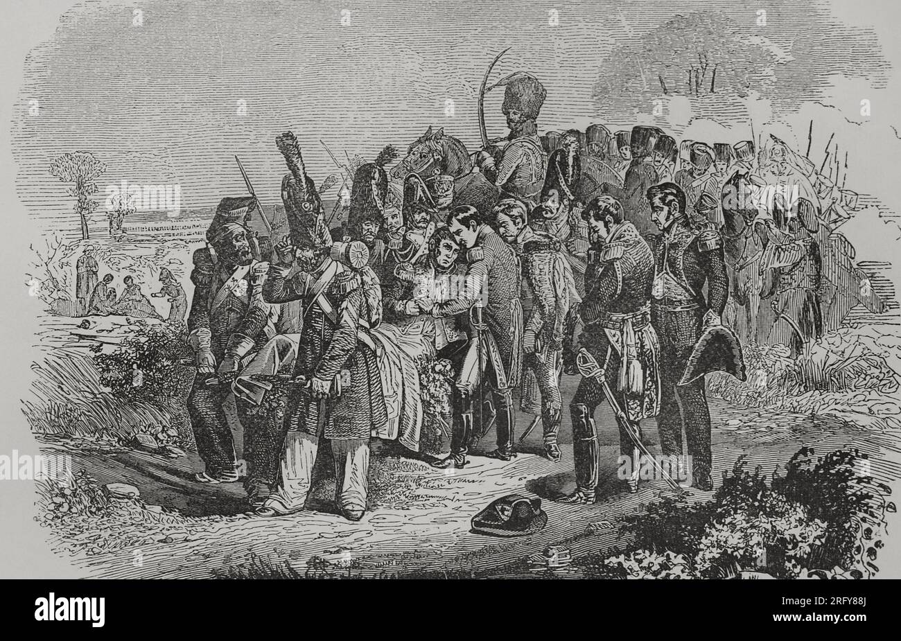 Jean Lannes (1769-1809). Marschall von Frankreich, der in Napoleon Bonapartes Armee diente. Marschall Lannes starb am 31. Mai 1809, nachdem er am 22. Mai, dem zweiten Tag der Schlacht von Aspern-Essling, von einer Kugel verwundet wurde. Krieg der Fünften Koalition (April-Oktober 1809) der Napoleonischen Kriege. Tod von Marschall Lannes. Gravur von Williams und A. Sandoz. "Los Héroes y las Grandezas de la Tierra". Band V. 1855. Stockfoto