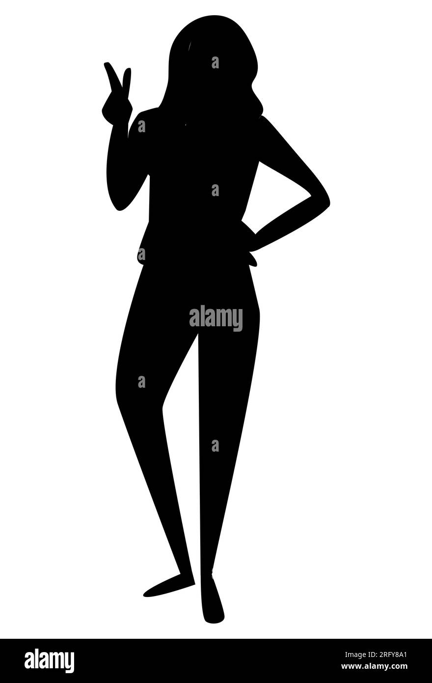 Schwarze Silhouette einer Frau, die ein Siegeszeichen gibt, V-Symbol, Vektor isoliert Stock Vektor