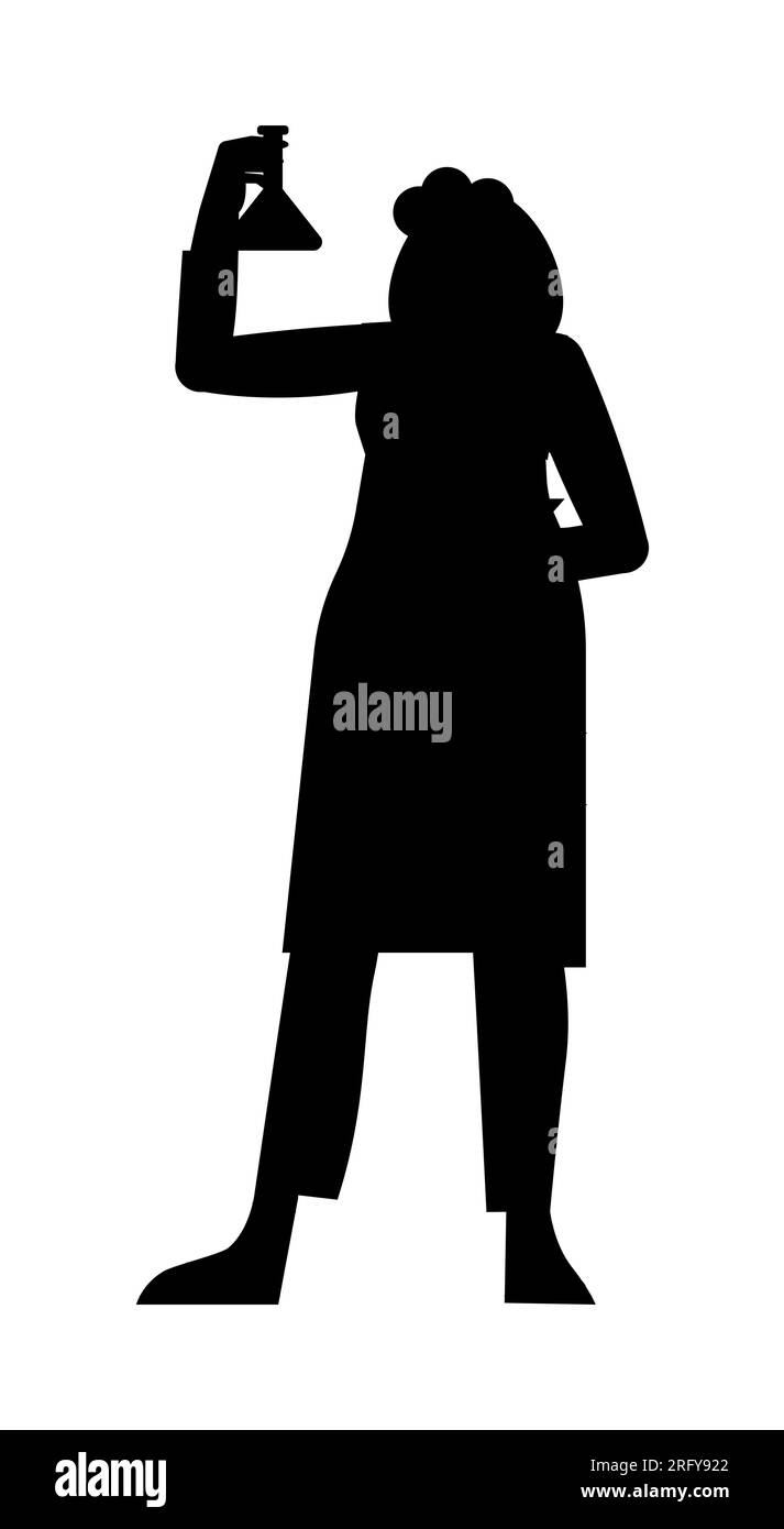 Schwarze Silhouette einer Wissenschaftlerin mit einer Flasche in der Hand während der Arbeit im Chemielabor, Vektor isoliert auf weißem Hintergrund Stock Vektor