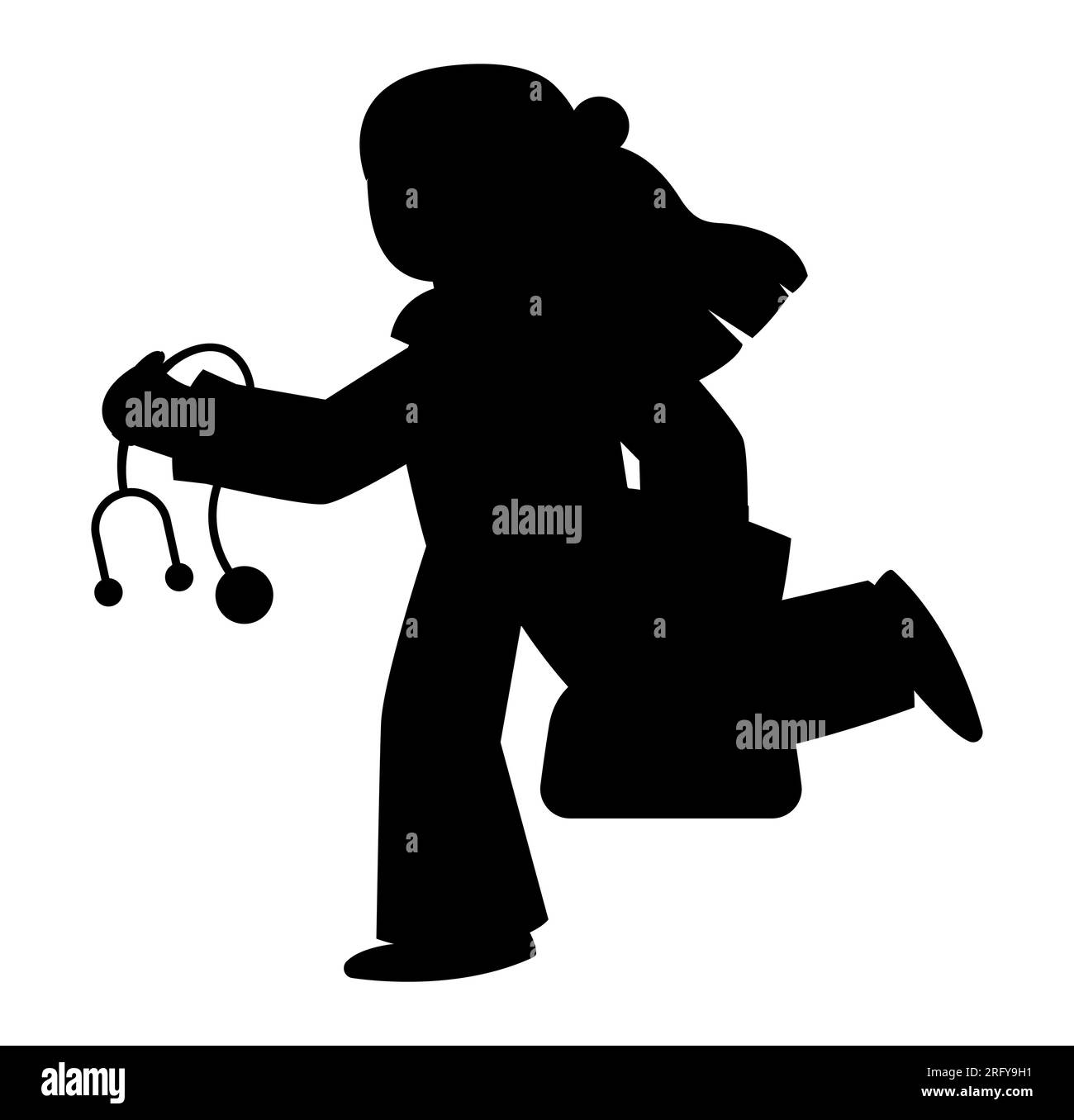 Schwarze Silhouette einer Cartoon-Ärztin, die schnell läuft, während sie sich verspätet, Doktor, der ein Stethoskop hält, Vektor isoliert auf weißem Hintergrund Stock Vektor