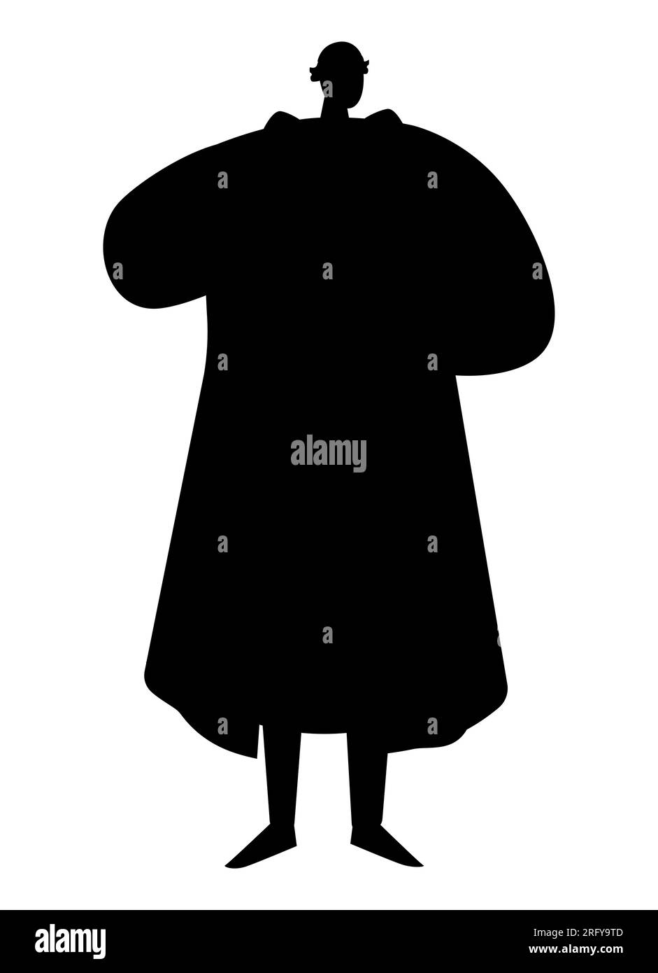 Schwarze Silhouette eines Cartoon-Mannes, der einen großen Mantel trägt, Vektor isoliert auf weißem Hintergrund Stock Vektor