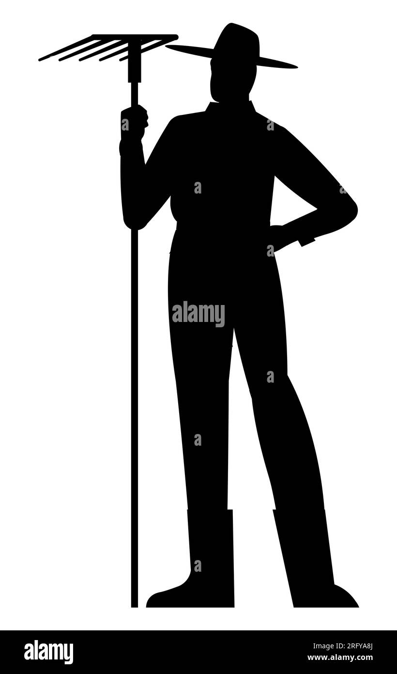 Schwarze Silhouette eines Landwirts mit einer Harke in den Händen, Landwirtschaftskonzept, Betriebslogo und Symbol, Vektordarstellung isoliert auf weißem Hintergrund Stock Vektor