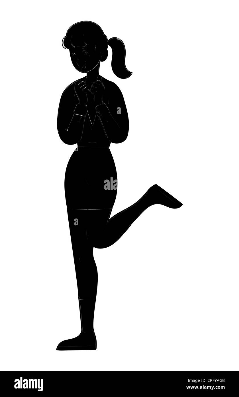 Schwarze Silhouette einer Frau, die mit einem Bein nach oben steht, weiblich mit Pferdeschwanz, Vektor isoliert auf weißem Hintergrund Stock Vektor