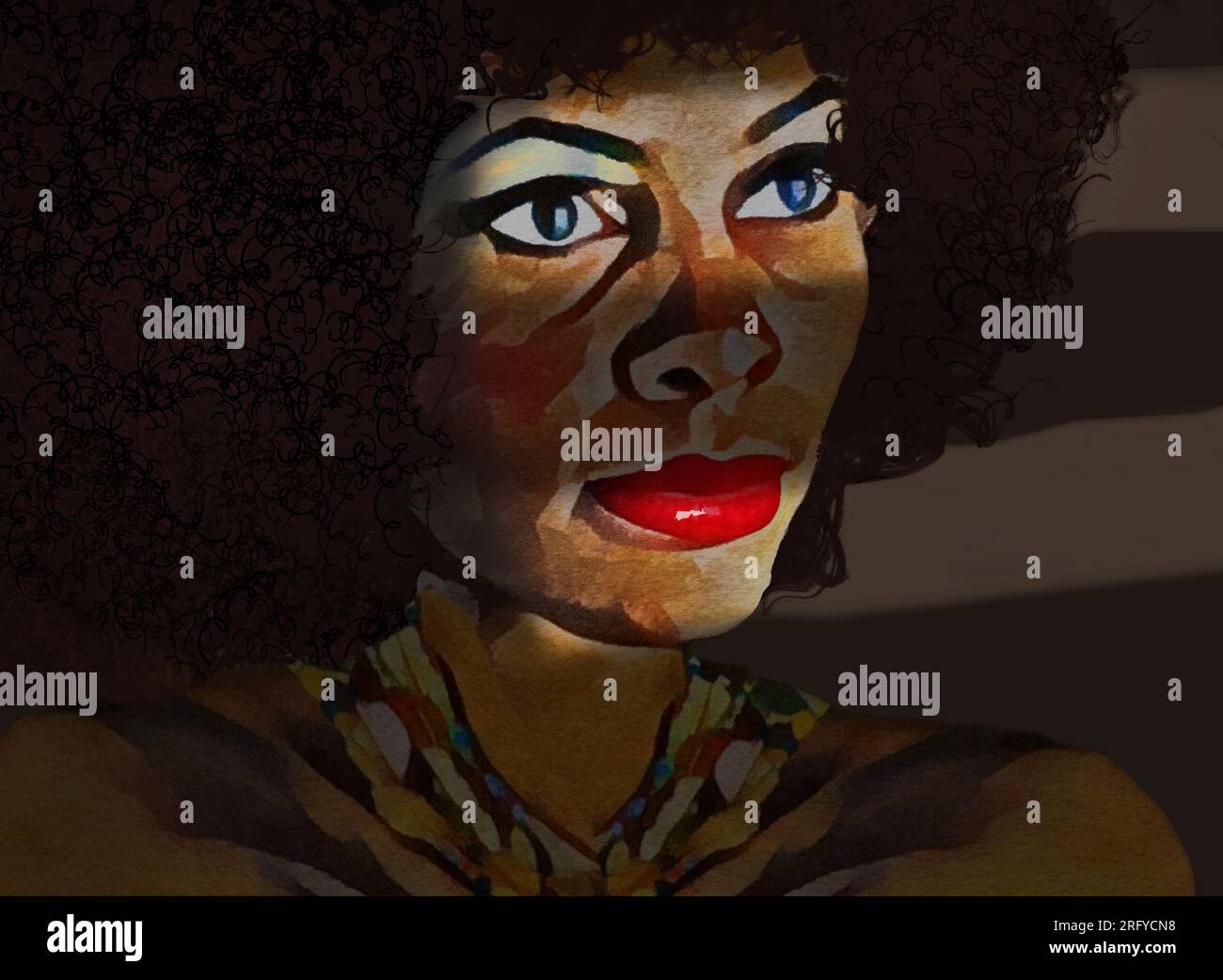 Eine wunderschöne afroamerikanische Frau ist in einem digitalen Aquarellgemälde zu sehen, das eine 3-D-Illustration ist. Stockfoto