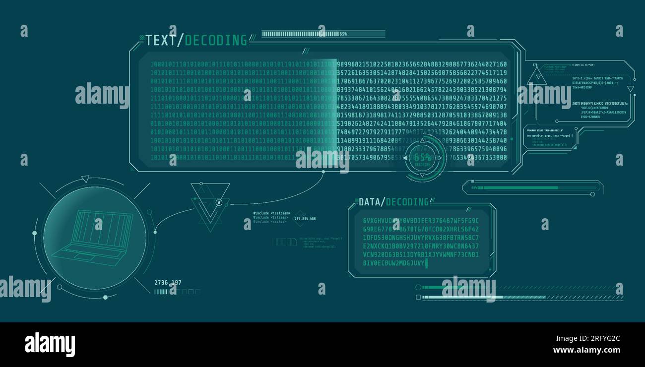 Bildschirm für die Datenentschlüsselung mit Fenster für die Textdekodierung. Stock Vektor