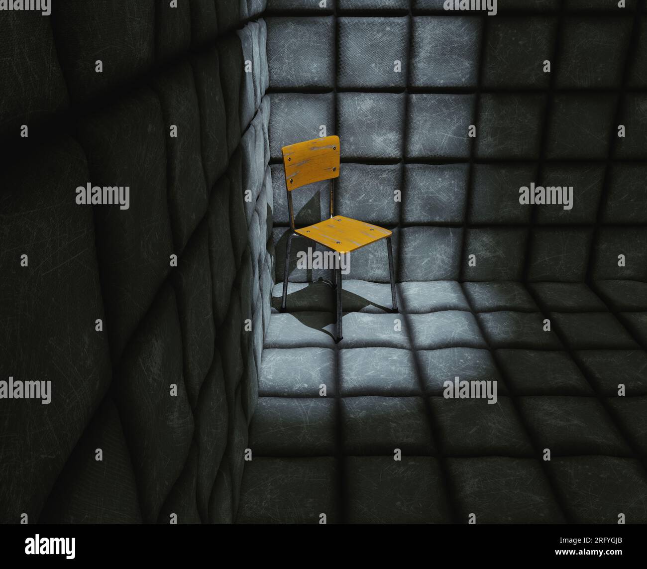 Eine dunkel schmutzige weiße gepolsterte Zelle in einer psychiatrischen