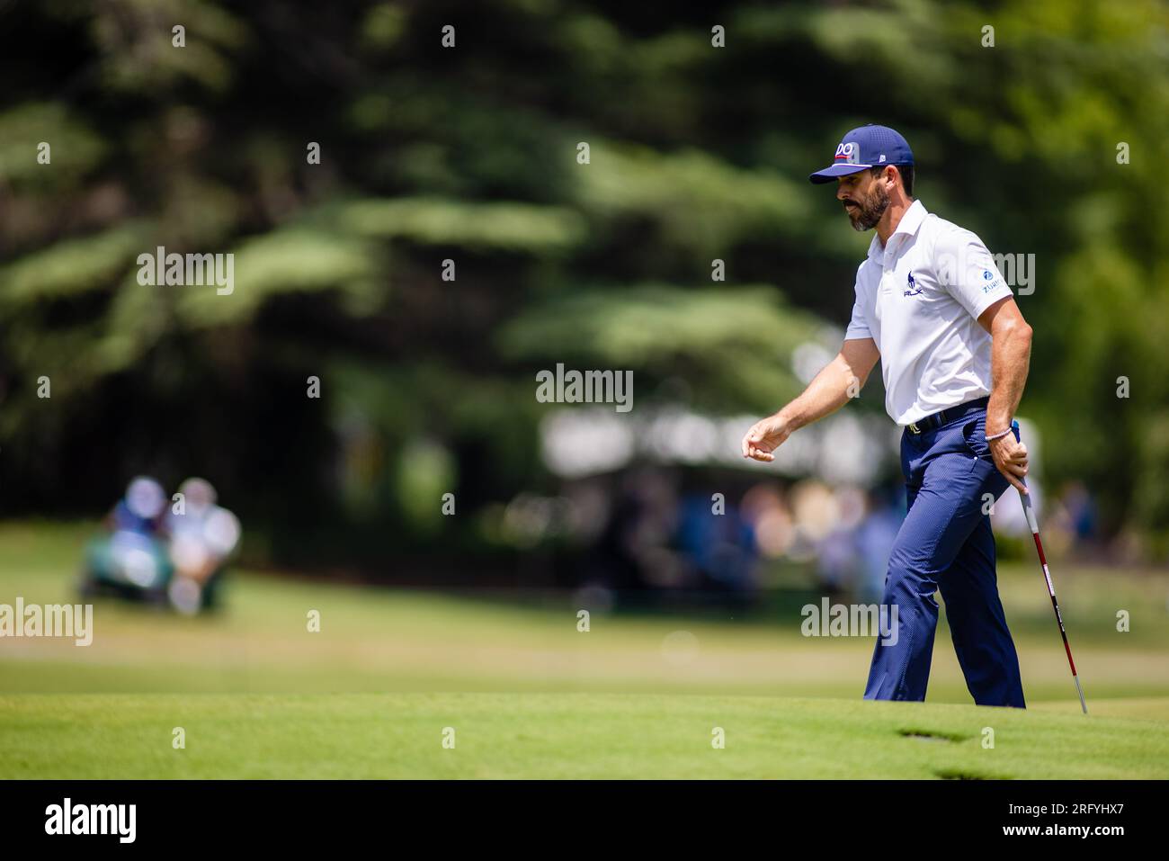 6. August 2023: Billy Horschel am ersten Grün des letzten Tages der Wyndham Championship 2023 im Sedgefield Country Club in Greensboro, NC. Scott Kinser/CSM Stockfoto