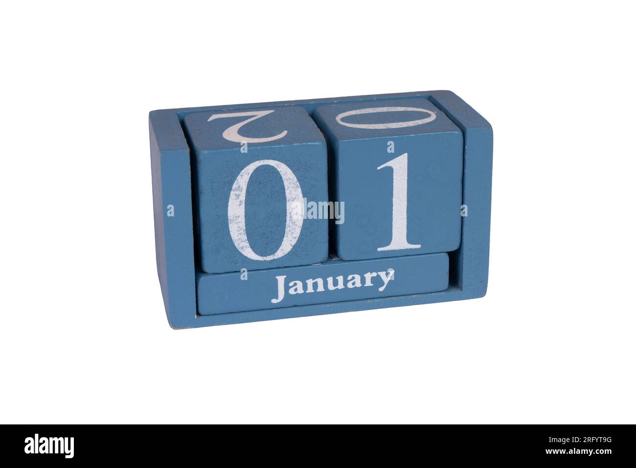 Ein Kalender aus Holz mit dem Datum Januar 1. und transparentem Hintergrund Stockfoto