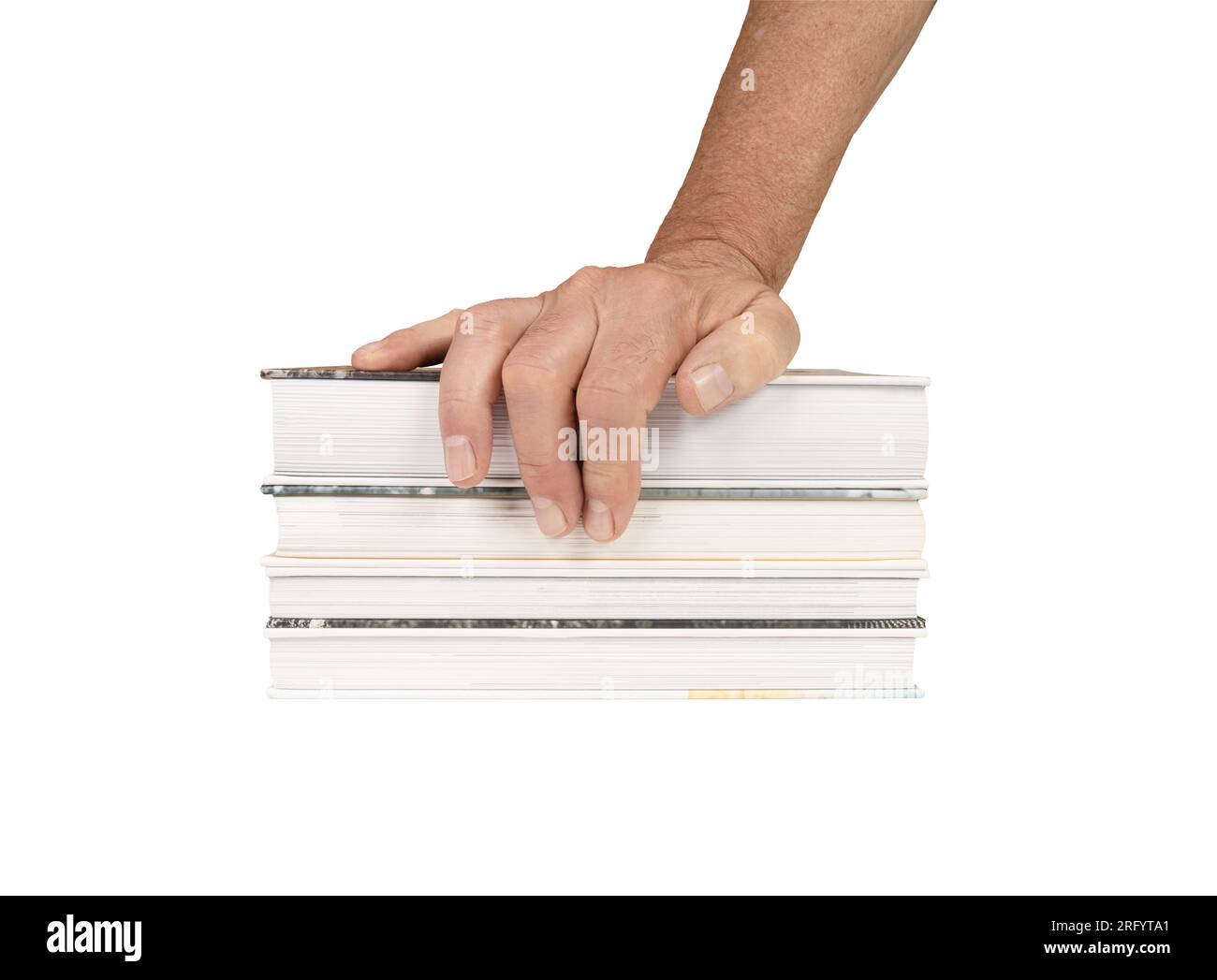 Eine männliche Hand auf einem Stapel Bücher mit transparentem Hintergrund Stockfoto