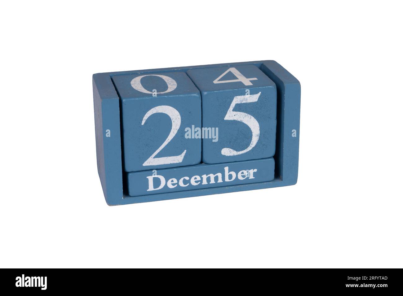 Ein Kalender aus Holz mit dem Weihnachtsdatum Dezember 25 und transparentem Hintergrund Stockfoto