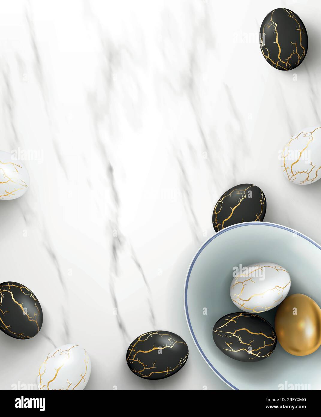 Schwarz-weiß realistische Ostereier mit goldenen Rissen im Kitsugi-Stil auf Marmorhintergrund in Keramikschüssel. Vektordarstellung eines urlaubspostens Stock Vektor