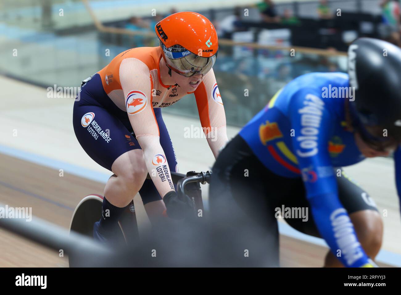 Glasgow, Großbritannien. 06. Aug. 2023. GLASGOW, SCHOTTLAND - AUGUST 6: Hetty van der Wouw der Niederlande während Women Elite Keirin am 4. Tag der UCI-Radweltmeisterschaft 96. Glasgow 2023 am 6. August 2023 in Glasgow, Schottland. (Foto: Tim Buitenhuis/BSR Agency) Kredit: BSR Agency/Alamy Live News Stockfoto