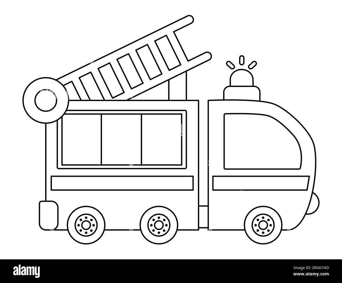 Vector schwarz-weißer Feuerwehrwagen. Lustige Schlange für Kinder. Süßes Fahrzeug. Spezielles Transportsymbol oder Farbseite isoliert auf weiß Stock Vektor