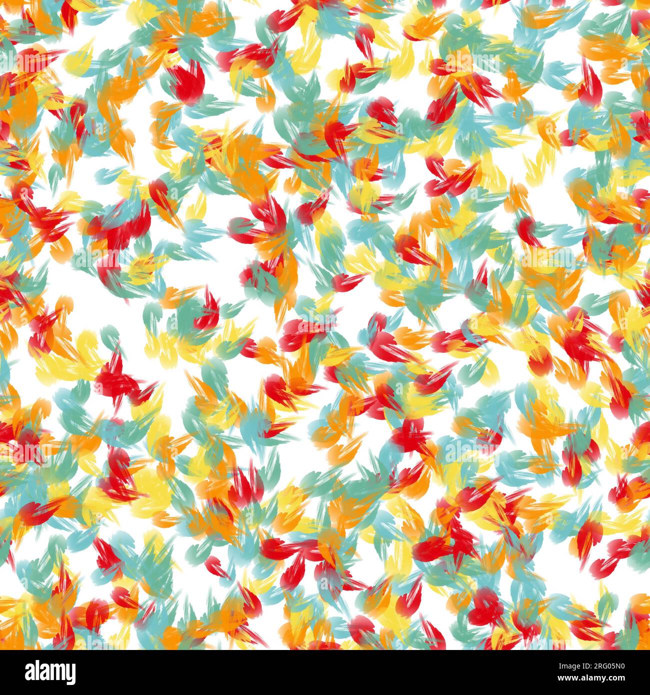 Rote, orangefarbene, gelbe und blaue, chaotische Pinselstriche. Vogelfedern-Imitation. Nahtloses Muster. Stockfoto