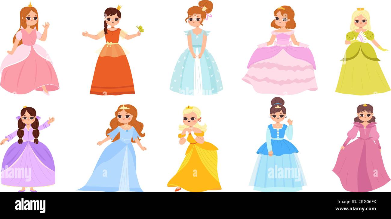 Cartoon kleine Prinzessinnen Kinder, süße Prinzessinnen in wunderschönem Kleid. Babys Feen-Charaktere, bezaubernde Königin, kuschelig-Vektorset Stock Vektor