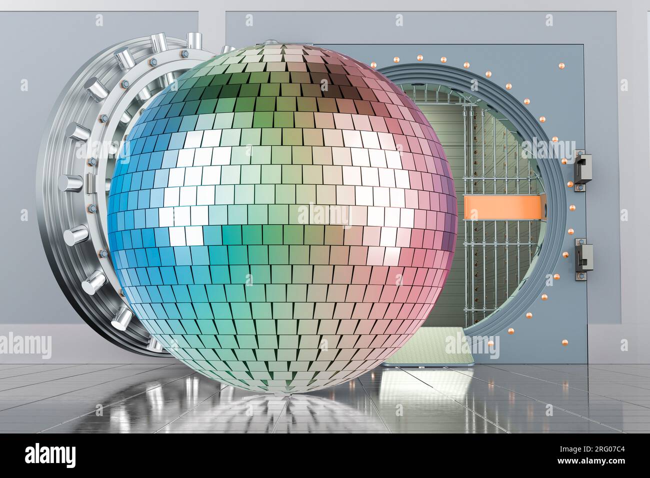 Disco-Ball mit offenem Tresor, 3D-Rendering Stockfoto