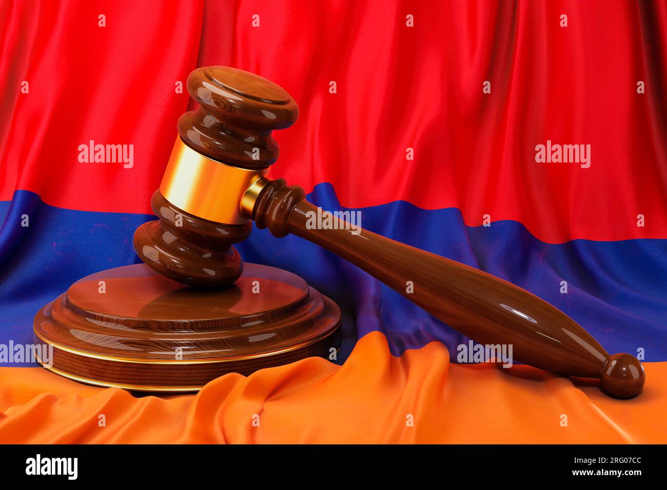 Armenisches Recht und Rechtsbegriff. Holzhammer auf armenischer Flagge, 3D-Darstellung Stockfoto