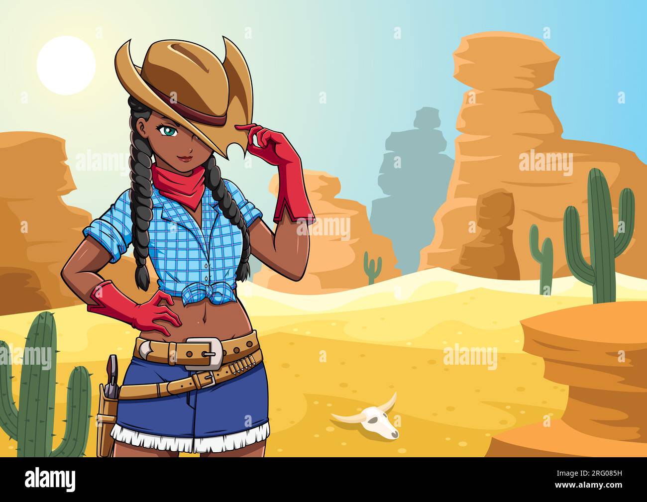 Schwarzes Anime Cowgirl in der Wüste Stock Vektor