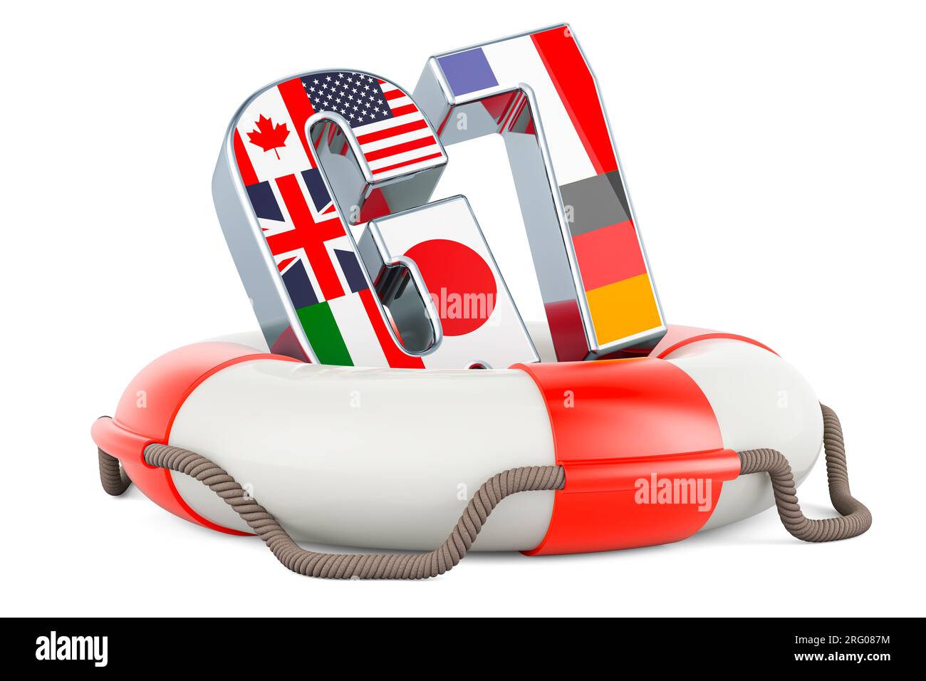 G7 mit Rettungsring, 3D-Rendering auf weißem Hintergrund isoliert Stockfoto