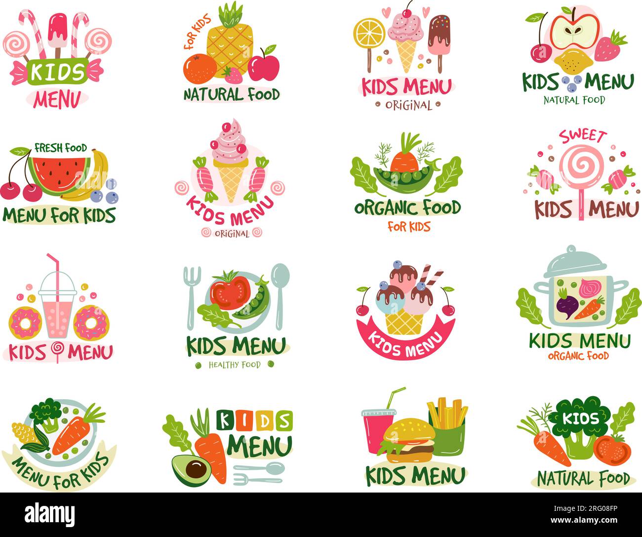 Logo für Kindermenü. Emblem für Kinderrestaurants mit farbigem Text und stilisierten Bildern verschiedener Produkte neuere Vektorbilder Stock Vektor