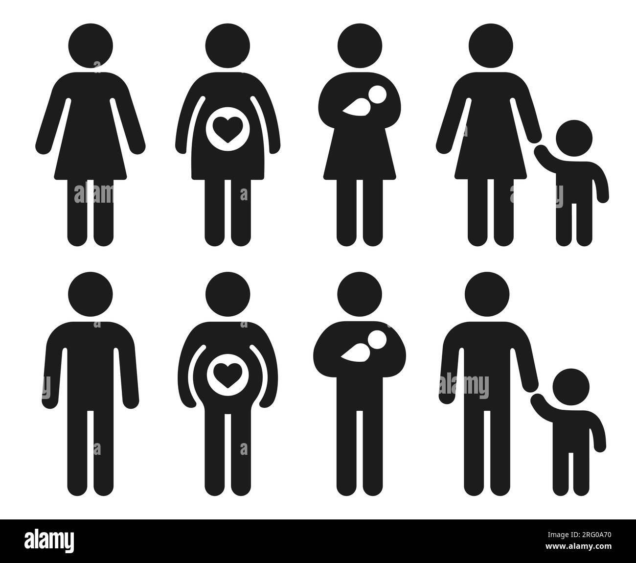 Symbolgruppe Schwangerschaft, Geburt und Elternschaft. Frau und Mann oder geschlechtsneutrale Person stecken die Figur mit Baby und Kind. Vektorpiktogrammsymbole. Stock Vektor