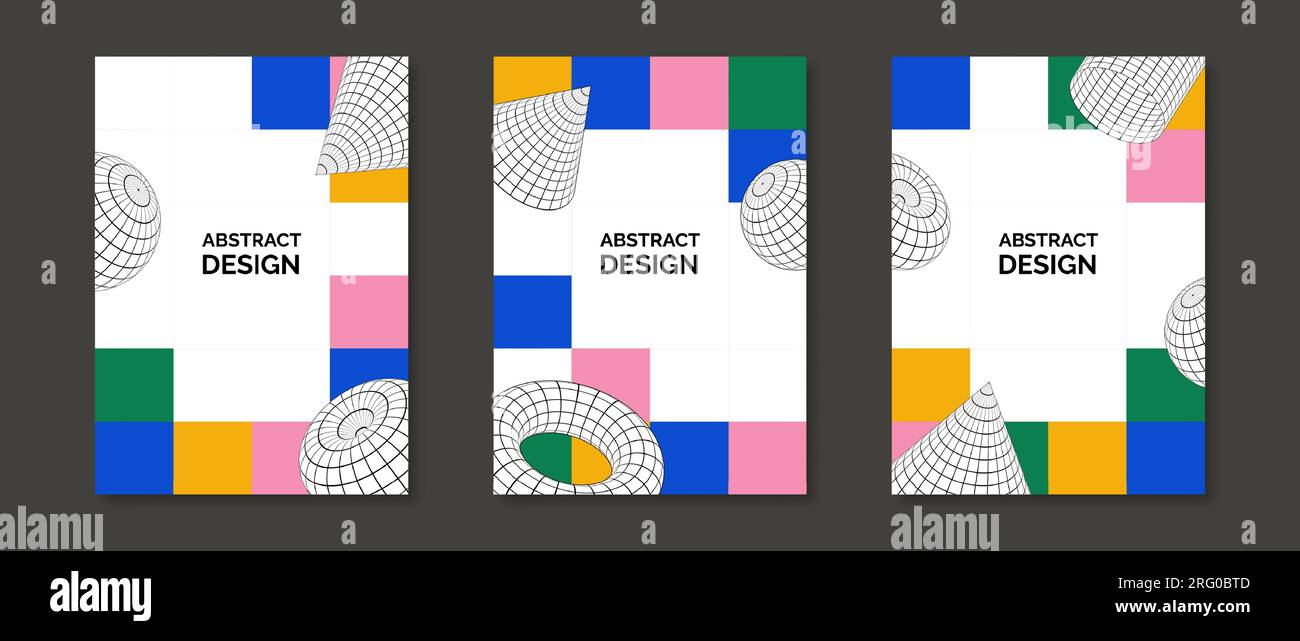 Set mit bunten, geometrischen Neo-Design-Postern. 3D Torus-, Kegel-, Zylinder- und Kugelformen auf kariertem Mosaikhintergrund. Set mit Retro-futuristischen Vorlagen für Deckblatt, Banner, Flyer. Vektorpaket Stock Vektor