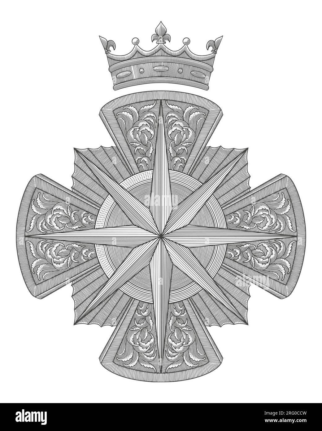 Star der brabant-Medaille mit Krone und Blumenverzierung, Gravur im Vintage-Stil Stock Vektor