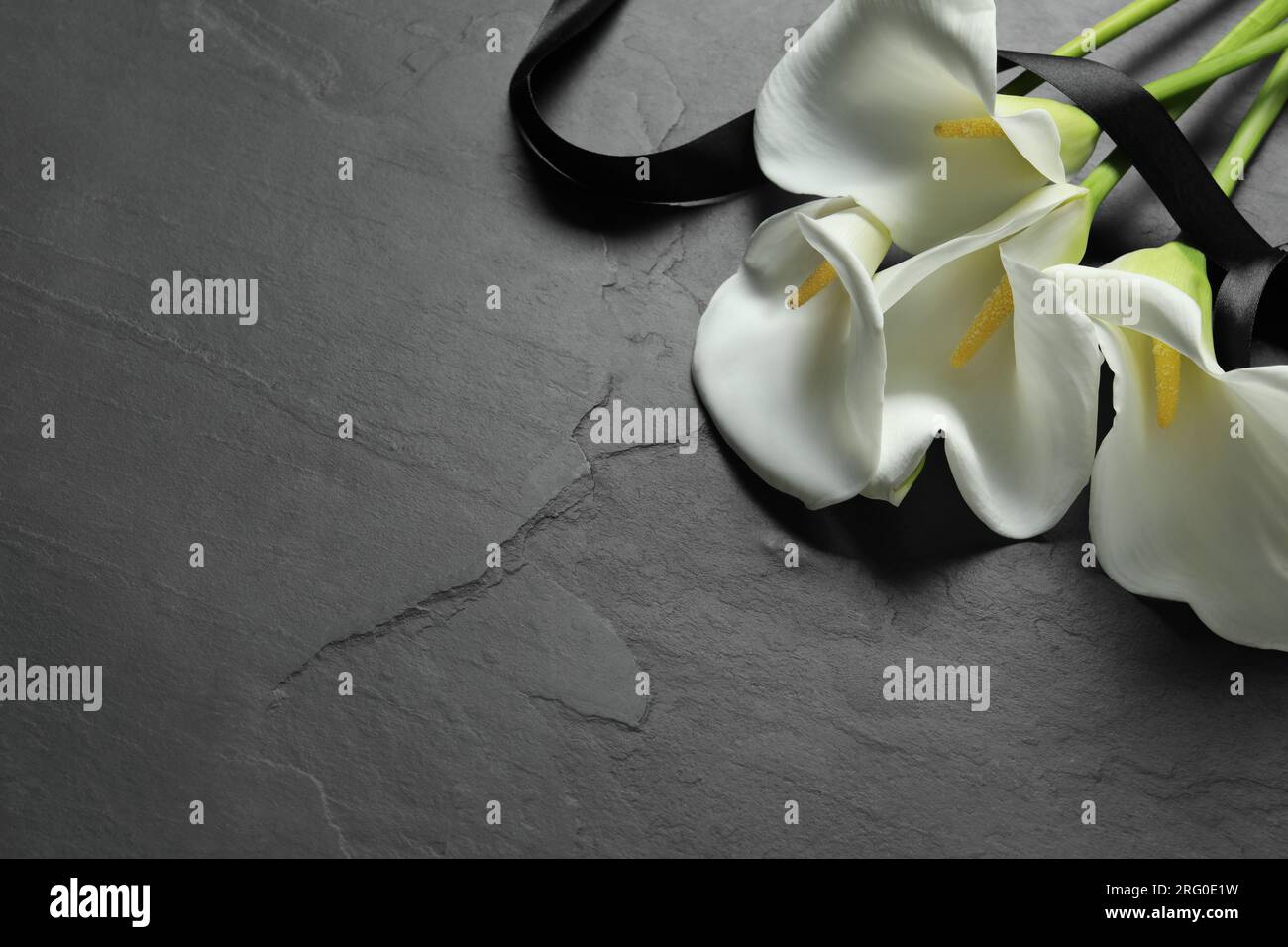 Schöne Calla Lilien Blumen und Band auf schwarzem Tisch, Platz für Text. Begräbnissymbole Stockfoto