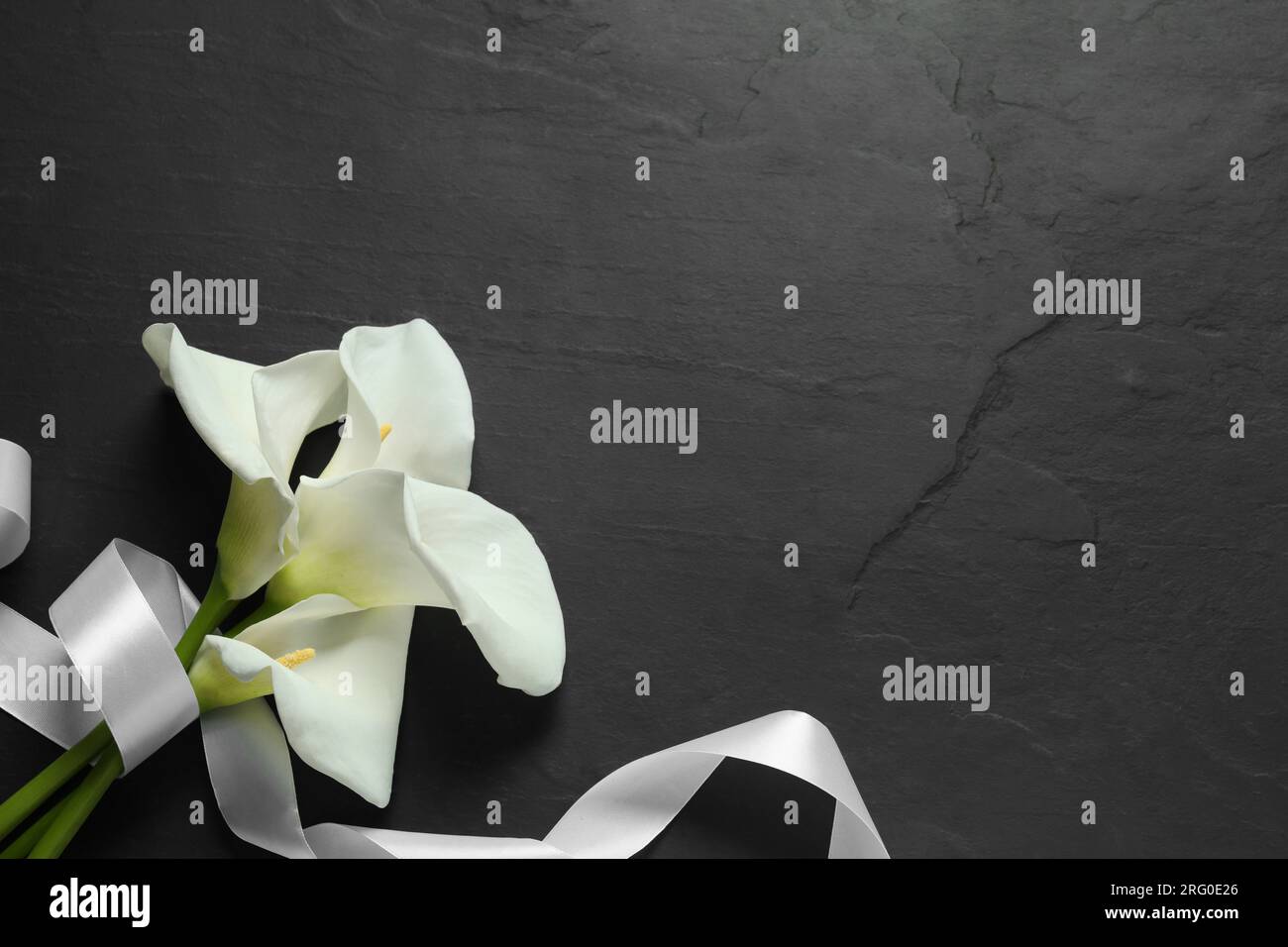 Schöne Calla Lilien Blumen und weißes Band auf schwarzem Tisch, flach liegend mit Platz für Text. Begräbnissymbole Stockfoto
