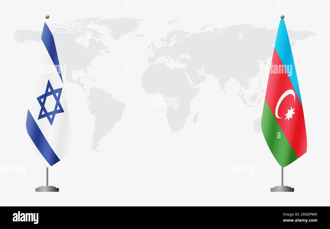 Flaggen Israels und Aserbaidschans für offizielles Treffen vor dem Hintergrund der Weltkarte. Stock Vektor