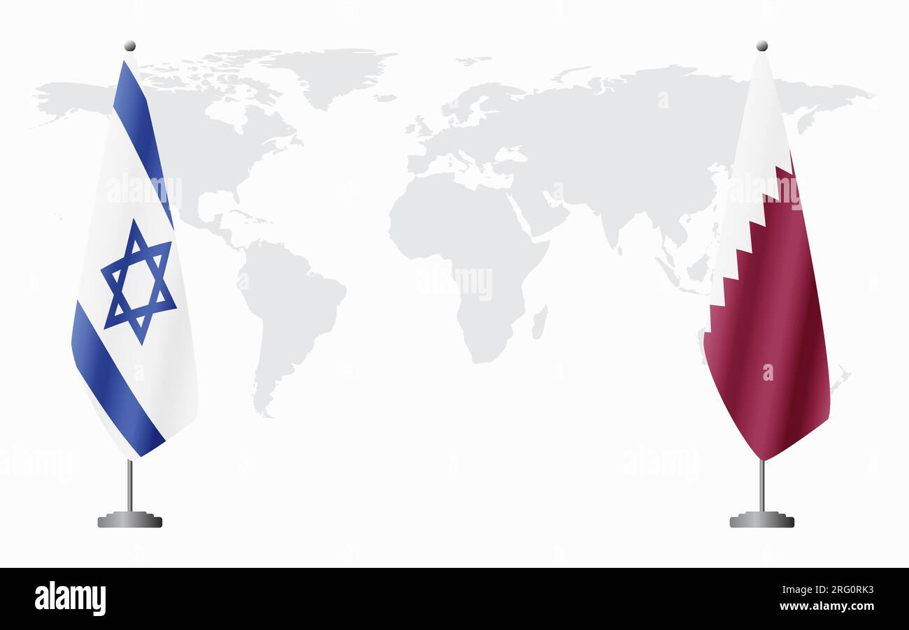 Flaggen Israels und Katars für offizielles Treffen vor dem Hintergrund der Weltkarte. Stock Vektor