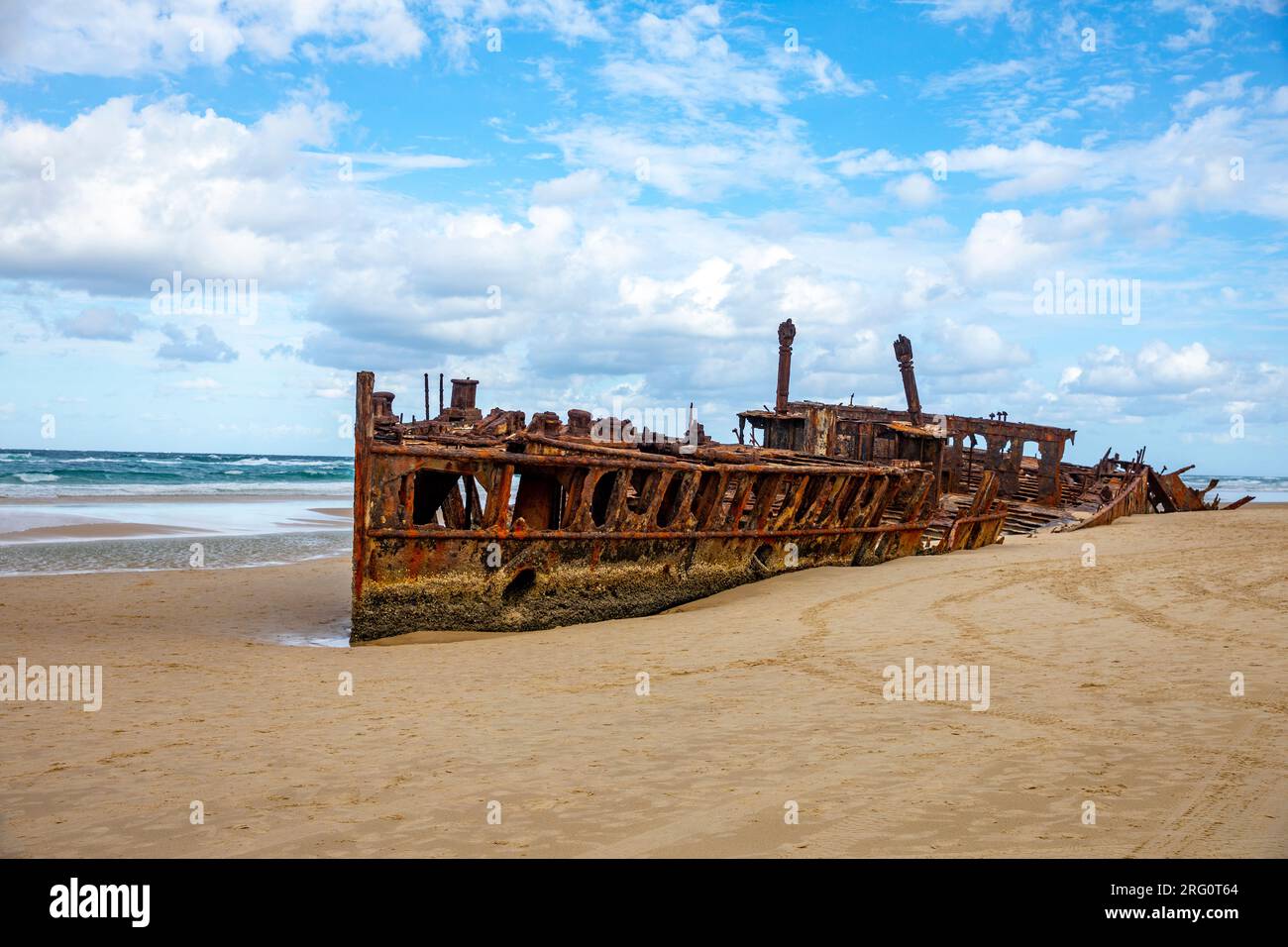 Fraser Island Kgari Island Schiffswrack des Ozeanliners SS Maheno an 75 Meilen Strand Ostküste von Fraser Island, Queensland, Australien Stockfoto