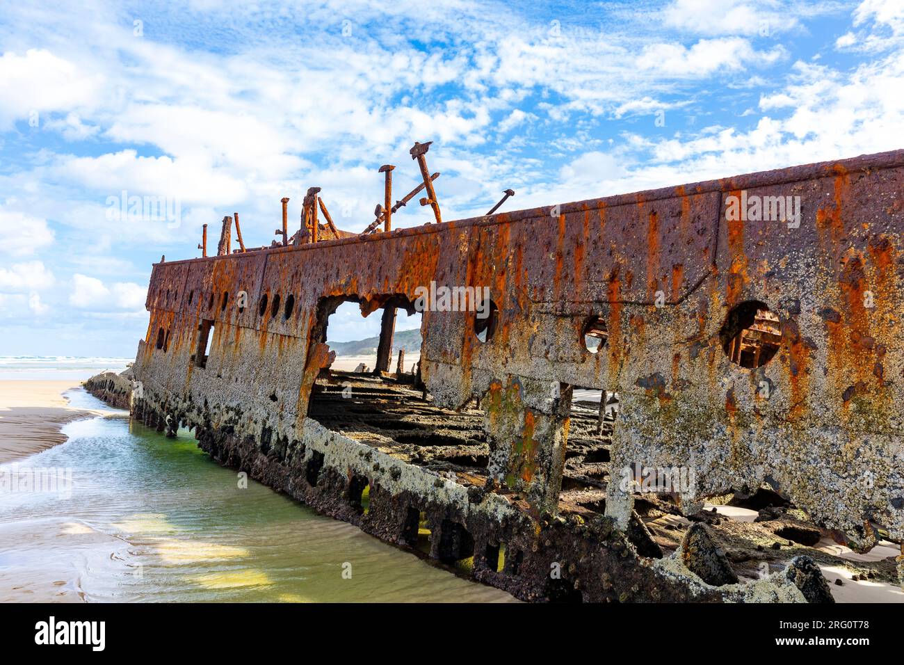 Fraser Island Kgari Island Schiffswrack des Ozeanliners SS Maheno an 75 Meilen Strand Ostküste von Fraser Island, Queensland, Australien Stockfoto