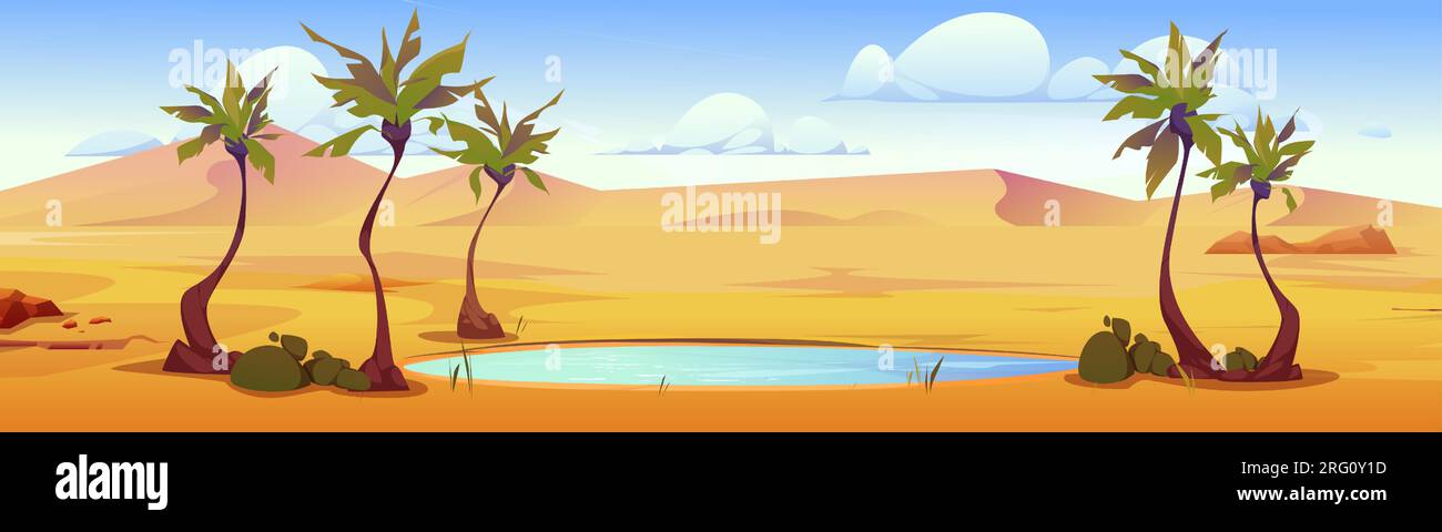 Sandwüste mit kleinem See unter Palmen. Vektor-Cartoon-Darstellung der afrikanischen Landschaft mit Teich, Dünen, tropischen Pflanzen, Steinen in der Nähe des Wassers, wolkigen Himmel, Trockenzeit, Hintergrund für Reisespiele Stock Vektor