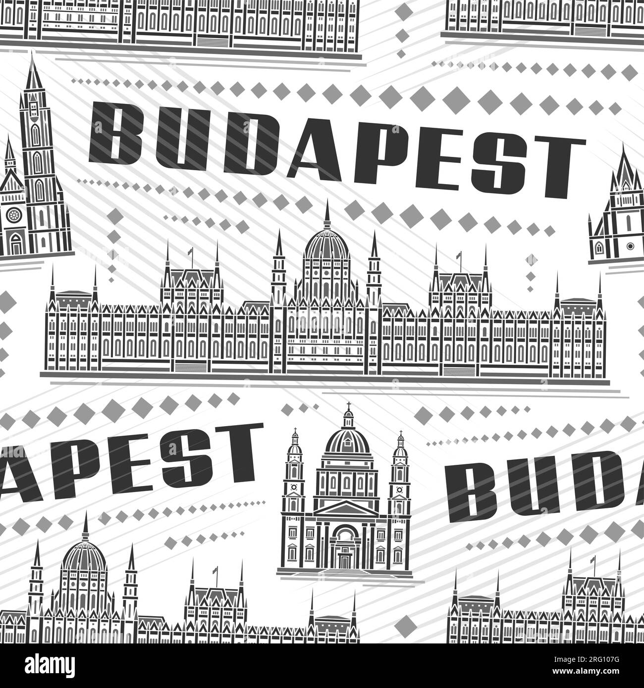 Vector Budapest Seamless Pattern, quadratischer, sich wiederholender Hintergrund mit Illustration der berühmten europäischen budapester Stadtlandschaft auf weißem Hintergrund, monochrom Stock Vektor