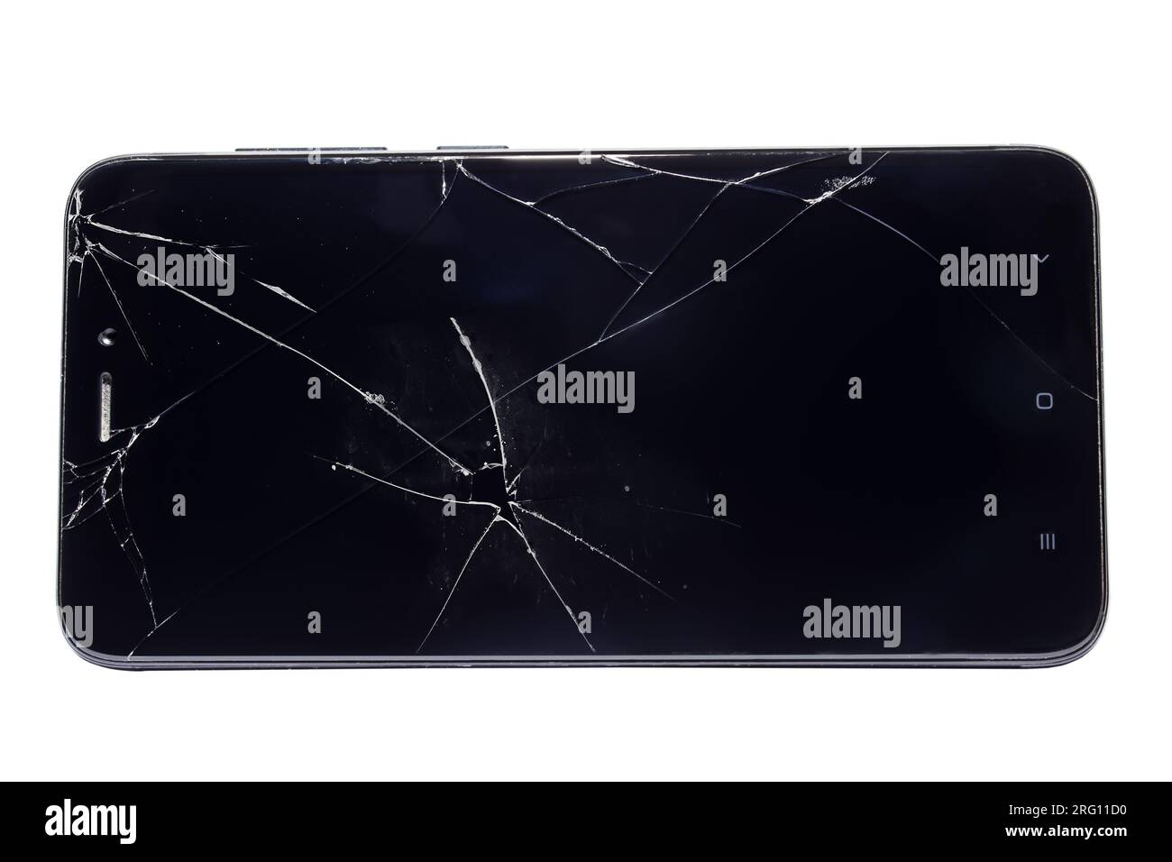 Nahaufnahme eines Smartphones mit defektem Display, isoliert auf weißem Hintergrund Stockfoto